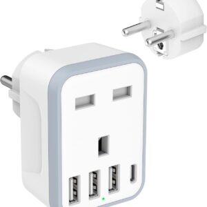 European Travel Adapter – 5 in 1 UK to EU Adapter with 4 USB Ports, UK to Turkey Travel Plug, Grounded Schuko Plug for Germany, France, Spain, Portugal, Poland, Austria (Type E/F)