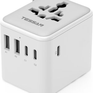 TESSAN Universal Travel Adapter 28W, Worldwide Plug Adaptor with 2 USB A and 3 USB C Ports, International Travel Adapter for EU, UK, USA, AU, Power Socket Charger for Multi Countries, Grey White