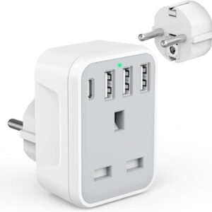 UK to European Travel Adaptor with 4 USB Ports(1 USB C), Grounded EU Euro Europe to UK Power Plug Adapter for Germany Spain France Iceland Greece Poland Netherlands Austria Turkey etc (Type E/F)