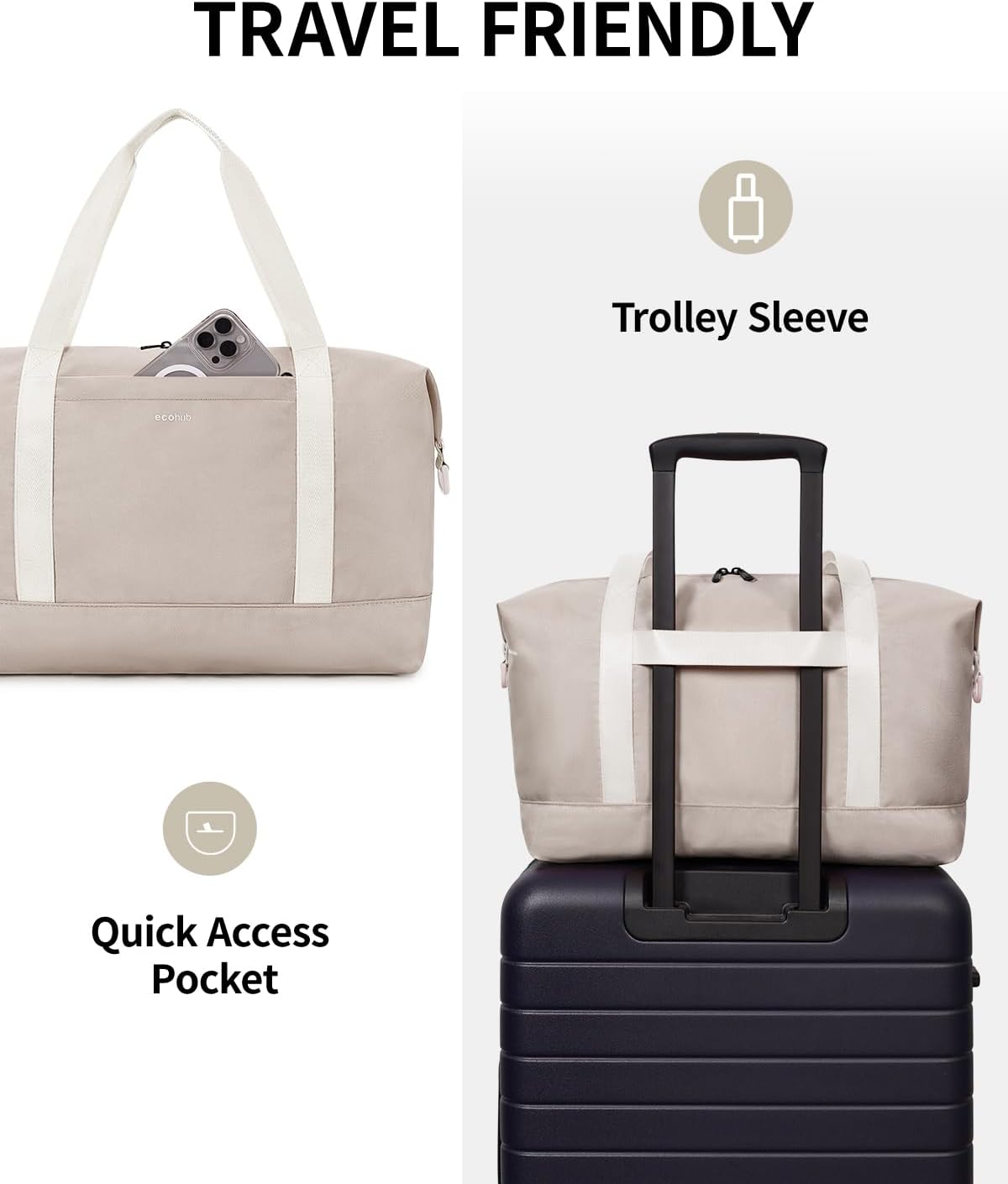 ECOHUB Ryanair Cabin Bags 40x30x20, 24L Underseat Hand Luggage Bag, Foldable Carry On Bag with Removable Wet Pocket, Water-Resistant Overnight Hospital Weekend Bag for Women, Beige (Patent Pending) - Image 6