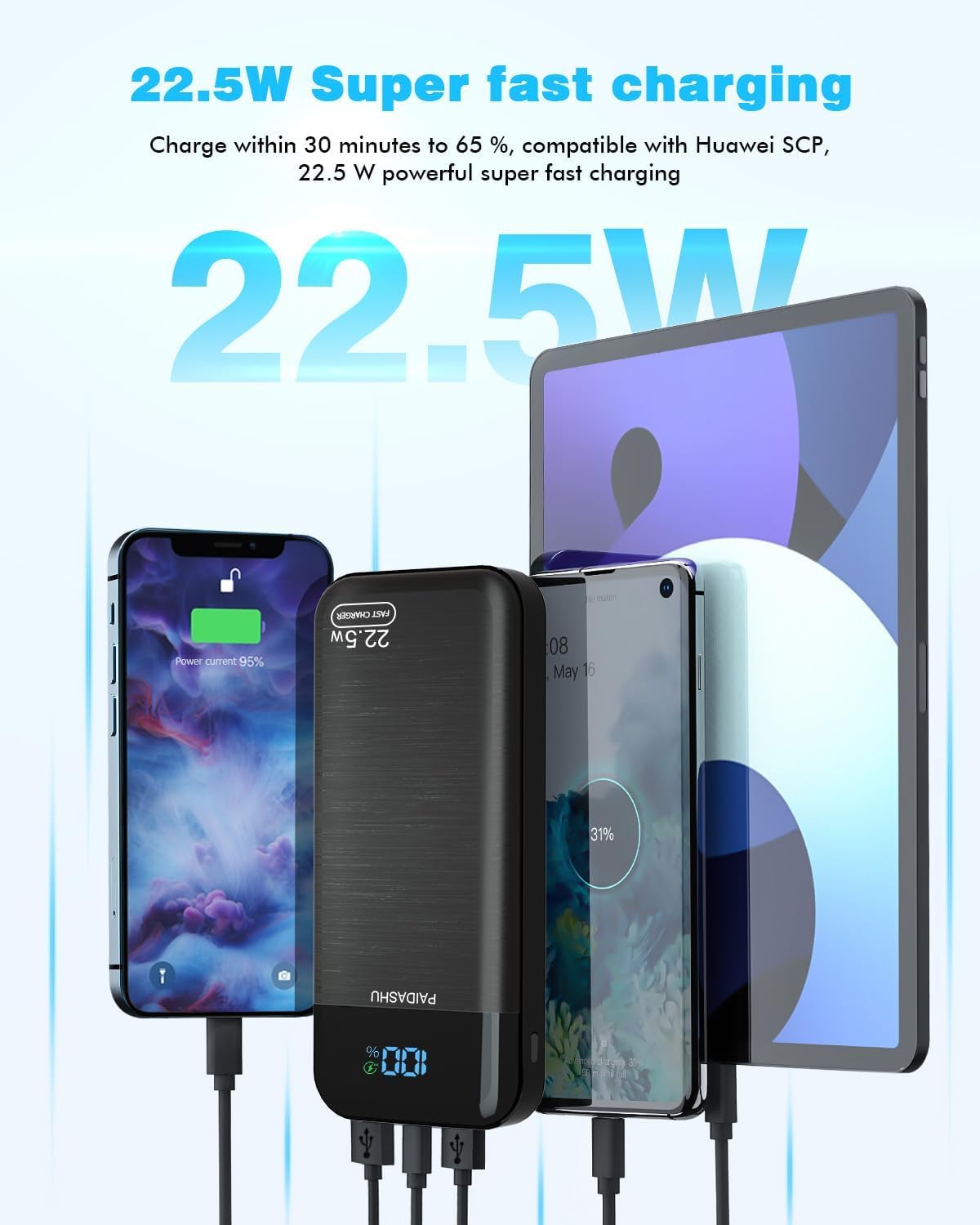 Power Bank 27,000mAh, PD3.0 QC4.0 22.5W Fast Charging PD20W USB C PowerBank Portable Charger With LCD Display 3 Outputs & 2 Inputs for Smartphones Tablets and More - Image 5
