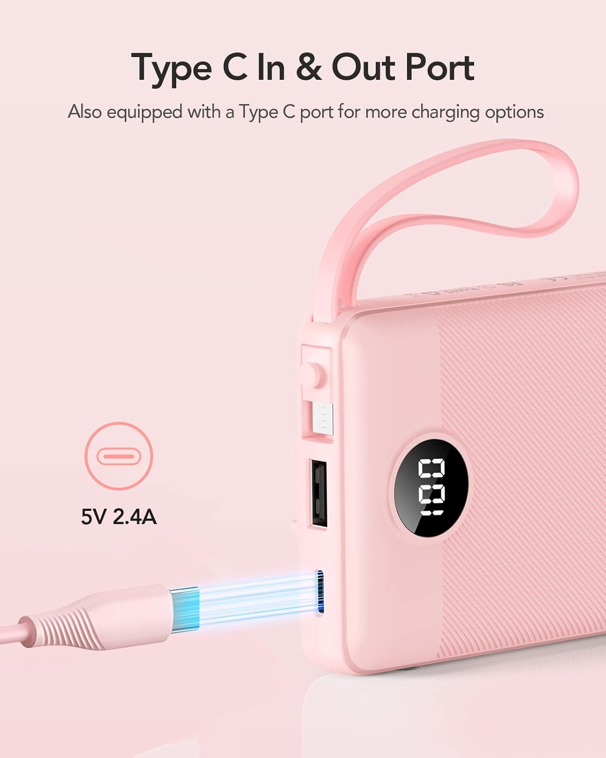 VRURC 10000mAh Power Bank With Built in Cables,USB C Battery Pack Portable Charger with 5 Outputs 2 Inputs Powerbank LED Display compatible with iPhone 17 16 15 14, Samsung,Android-Pink - Image 6