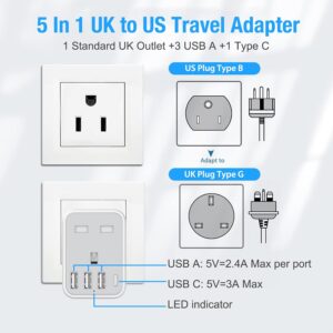 UK to US Plug Travel Adapter, USA Travel Adapter with 4 USB Ports (1 USB C Fast Charger) American to UK Plug Adapter for US Canada Mexico Thailand and More(Type B)