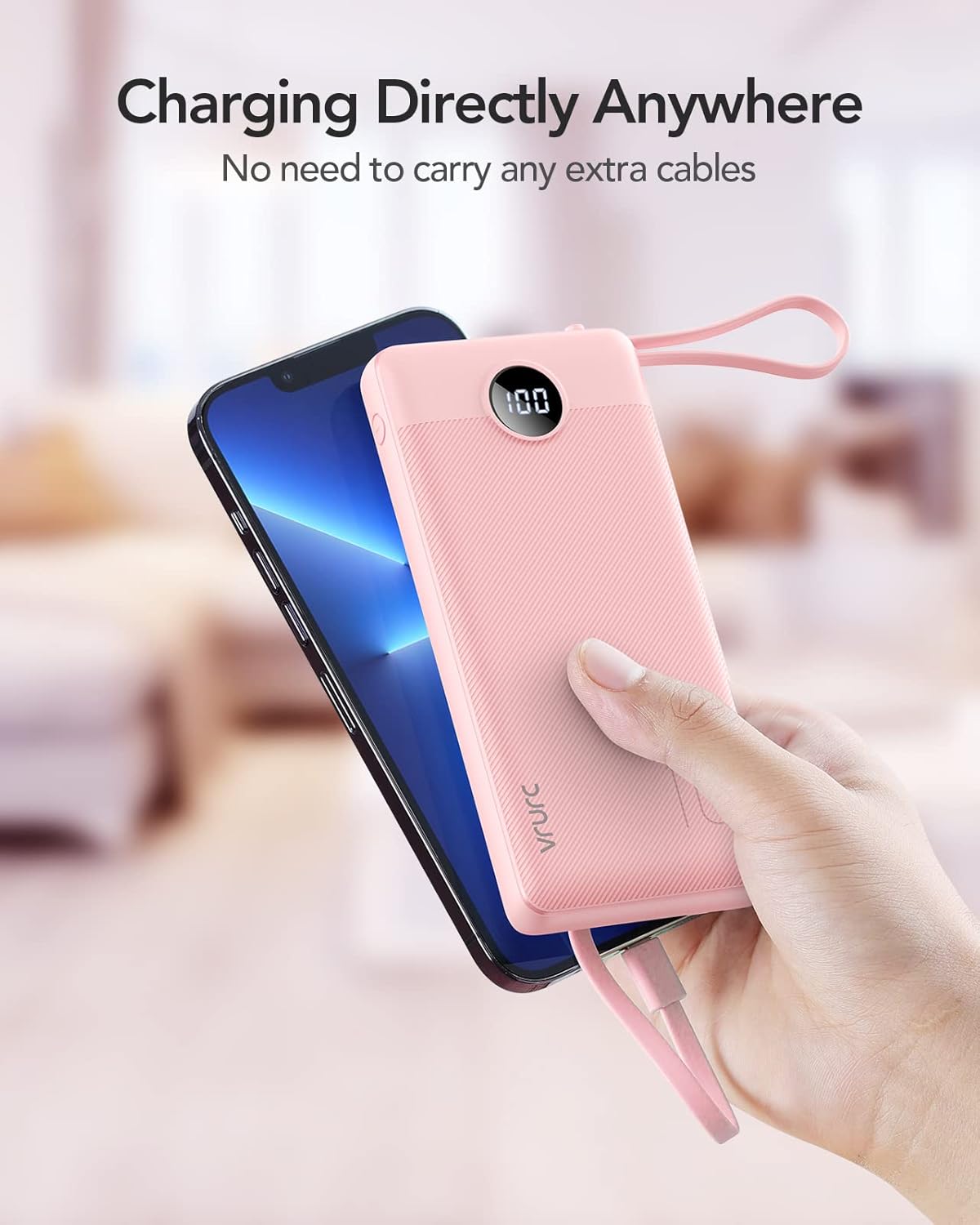 VRURC 10000mAh Power Bank With Built in Cables,USB C Battery Pack Portable Charger with 5 Outputs 2 Inputs Powerbank LED Display compatible with iPhone 17 16 15 14, Samsung,Android-Pink - Image 9