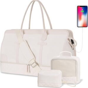 ETRONIK Weekend Overnight Bag for Women, Large Travel Duffle Bag with Shoe Compartment & Wet Pocket, Carry On Tote Bag Gym Duffel Bag with Toiletry Bag, Bag for Hospital 3 Pcs Set, Beige M