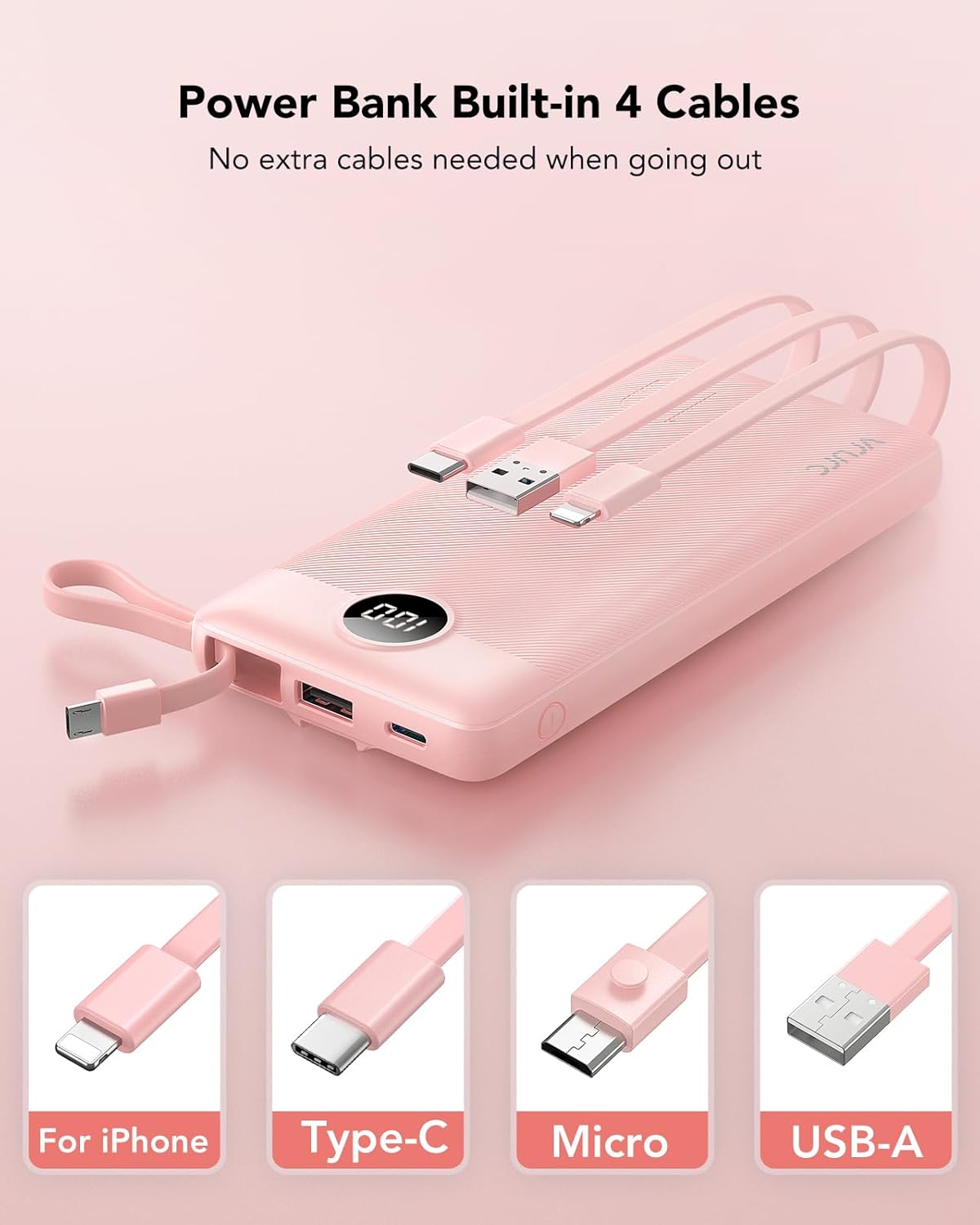 VRURC 10000mAh Power Bank With Built in Cables,USB C Battery Pack Portable Charger with 5 Outputs 2 Inputs Powerbank LED Display compatible with iPhone 17 16 15 14, Samsung,Android-Pink - Image 3