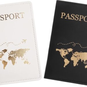 Firtink 2 Pcs Passport Holder, PU Leather Passport Cover, Travel Wallet Case Organiser for Passport, Ticket, Boarding Pass, Business Card, Credit Card (White, Black)