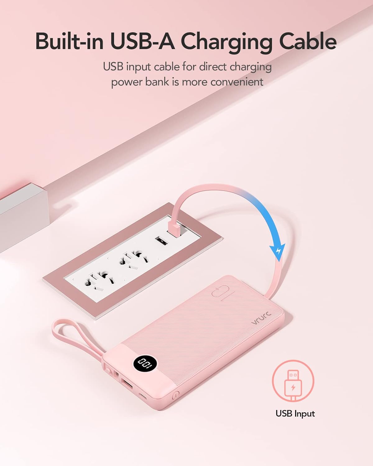 VRURC 10000mAh Power Bank With Built in Cables,USB C Battery Pack Portable Charger with 5 Outputs 2 Inputs Powerbank LED Display compatible with iPhone 17 16 15 14, Samsung,Android-Pink - Image 7