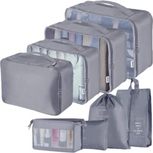 Travel Packing Cubes, Toifucos Multifunction 8pcs/set Luggage Organiser Compression Suitcase Essential Bag, Dark Gray