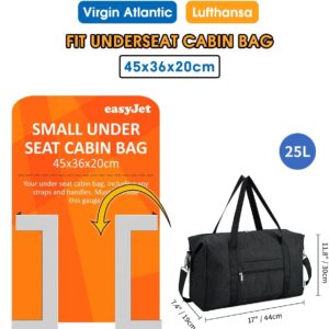 Narwey for Easyjet Cabin Bag 45x36x20 New Easyjet Underseat Bag Foldable Hospital Travel Duffel Carry on Luggage Weekend Overnight Holdall Bags for Women and Men 25L (Black)