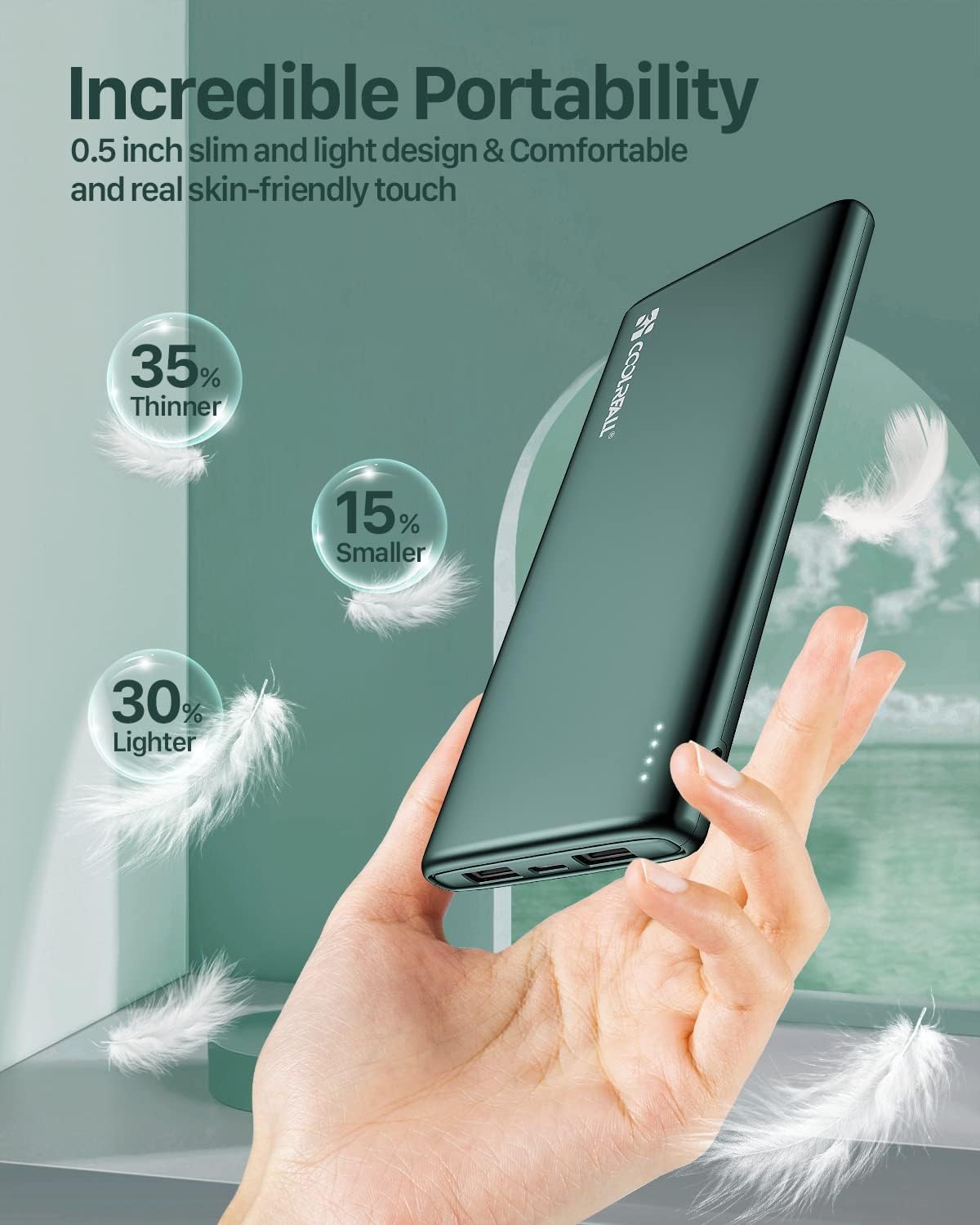 Coolreall Power Bank 10000 mAh, Slim & Light Portable Charger, Battery Pack Fast Charging with USB-C (In & Out), 2 USB Ports Output & Micro USB Input, Powerbank Compatible with iPhone, Samsung, iPad - Image 2