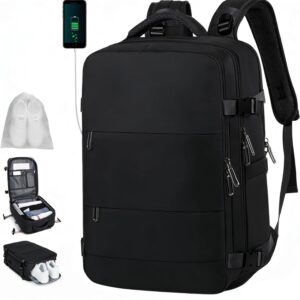 MIAOKE Travel Backpack, Waterproof Backpack, 31.5 L, with USB Charging Port, 10 Shoes Pockets and Compartment for 15.6 Inch Laptop
