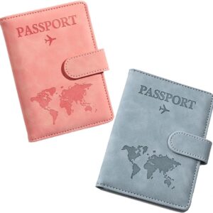 Passport Holder Cover Wallet Case, 2 Pcs PU Leather Travel Wallet with RFID Blocking Passport Book Holders Organiser Travel Must Haves Credit Cards Boarding Passes Covers for Men Women (Pink & Blue)