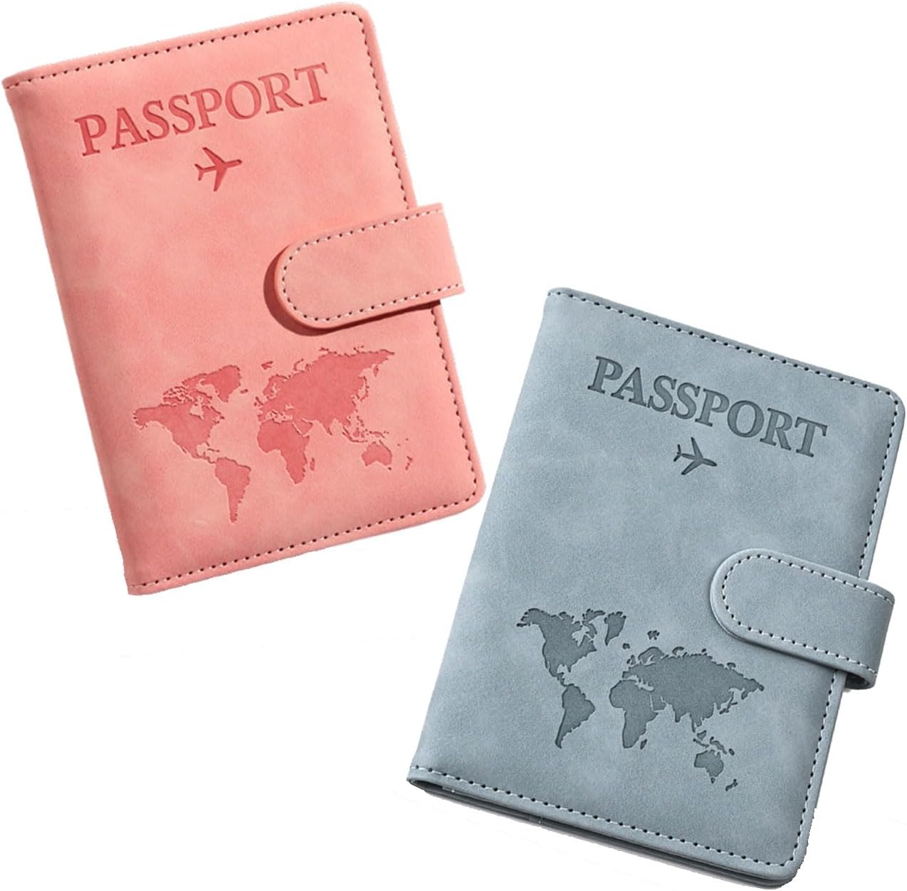 Passport Holder Cover Wallet Case, 2 Pcs PU Leather Travel Wallet with RFID Blocking Passport Book Holders Organiser Travel Must Haves Credit Cards Boarding Passes Covers for Men Women (Pink & Blue)