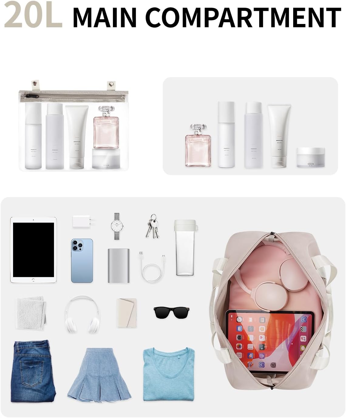 ECOHUB Ryanair Cabin Bags 40x30x20, 24L Underseat Hand Luggage Bag, Foldable Carry On Bag with Removable Wet Pocket, Water-Resistant Overnight Hospital Weekend Bag for Women, Beige (Patent Pending) - Image 5