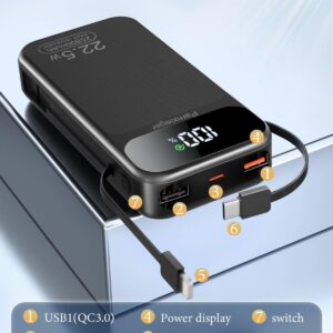 Power Bank 25800mAh Fast Charging Built-in 2 cables, 22.5W Portable Charger, Portable USB C Power bank Battery Pack with LCD Display Powerbank for Smartphones Tablets and More