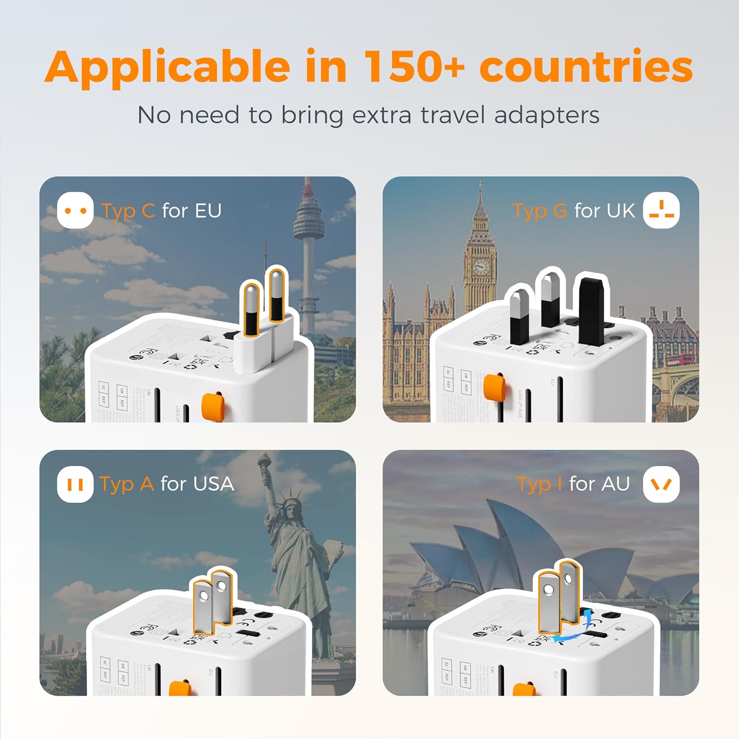 TESSAN Universal Travel Adapter, Travel Plug Adapter Worldwide with 1 Universal AC Outlet 4 USB Ports (2 USB C), International Plug Adaptor for UK to Europe USA Australia (Type C G A I) Grey White - Image 2