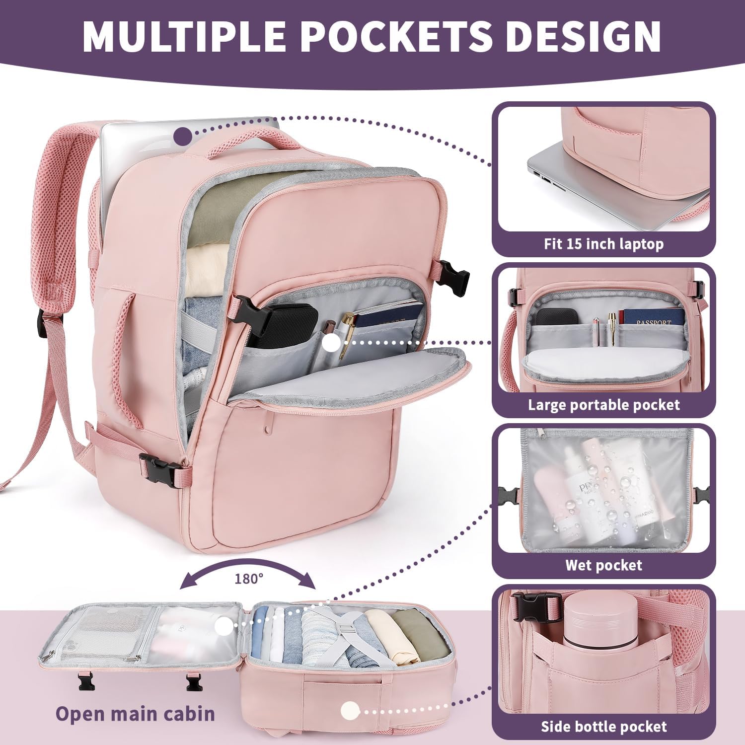 ETRONIK for New Ryanair 40x30x20 Cabin Bag Underseat, Travel Backpack Womens with TSA Approved, Hand Luggage Carry on Bag with 15 inch Laptop, Rucksack for Travelling Flight Work Overnight, Pink - Image 4