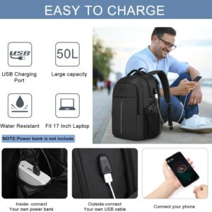 Extra Large Backpack for Men 50L,Water Resistant 17Inch Travel Laptop Work bag with USB Charging Port Anti Theft Big Business TSA Approved Computer Rucksack Women College School,Black