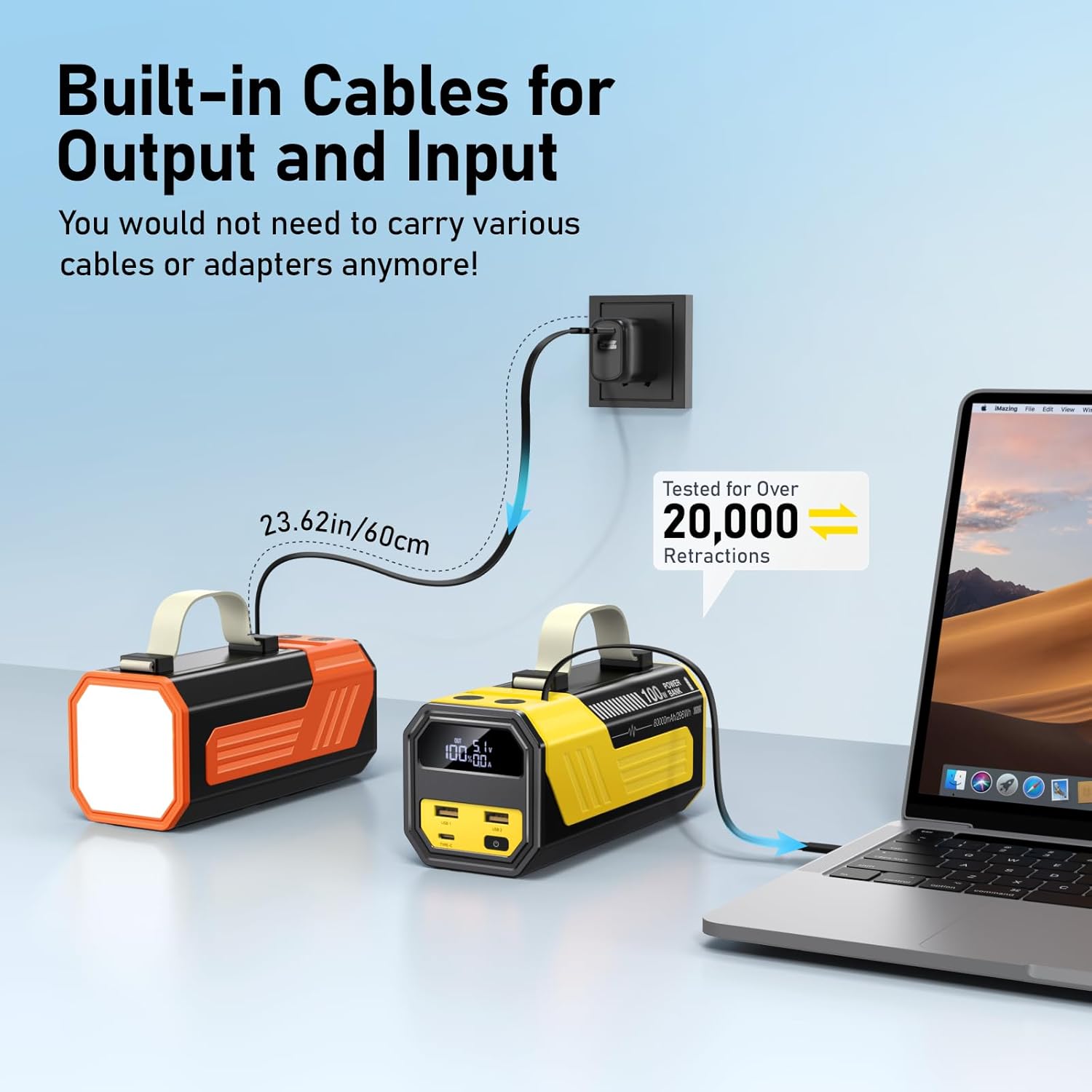 PowerBank 80,000 mAh 100 W Fast Charging Function, Large Power Bank, USB C with Cable, Portable External Battery Compatible with iPhone, Tablets, iPad, Samsung (Yellow) - Image 5