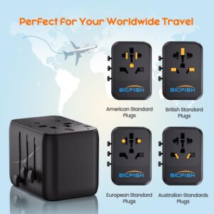 Bigfish Universal Travel Adapter, Worldwide Travel Plug Adapter with 2 USB A and 2 USB C, Dual 10A Fuses All In One International Travel Adapter – EU UK US AUS Plugs