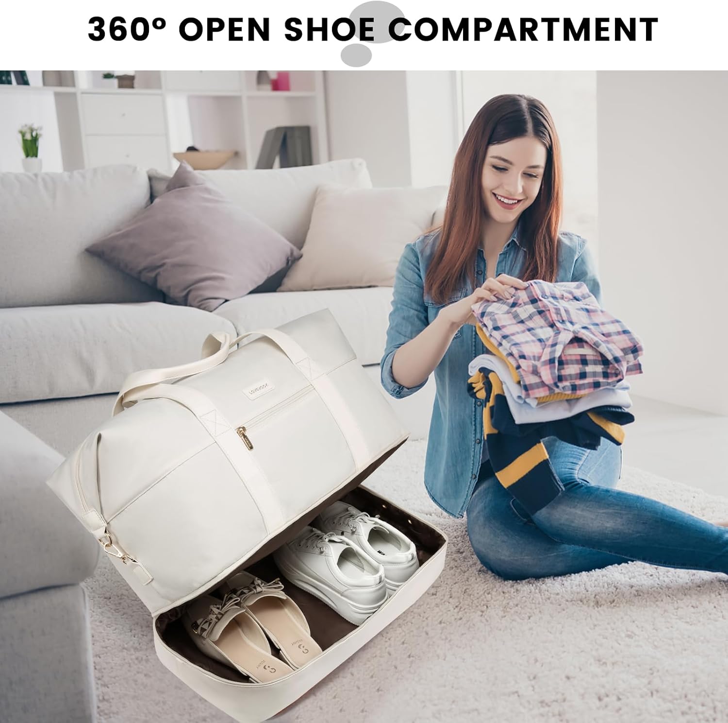 LOVEVOOK Travel Bags for Women, Waterproof Overnight Weekend Duffle Gym Hospital Holdall Bag with Shoes Compartment & Trolley Sleeve, Cabin Carry On Flight Bag, Beige - Image 4