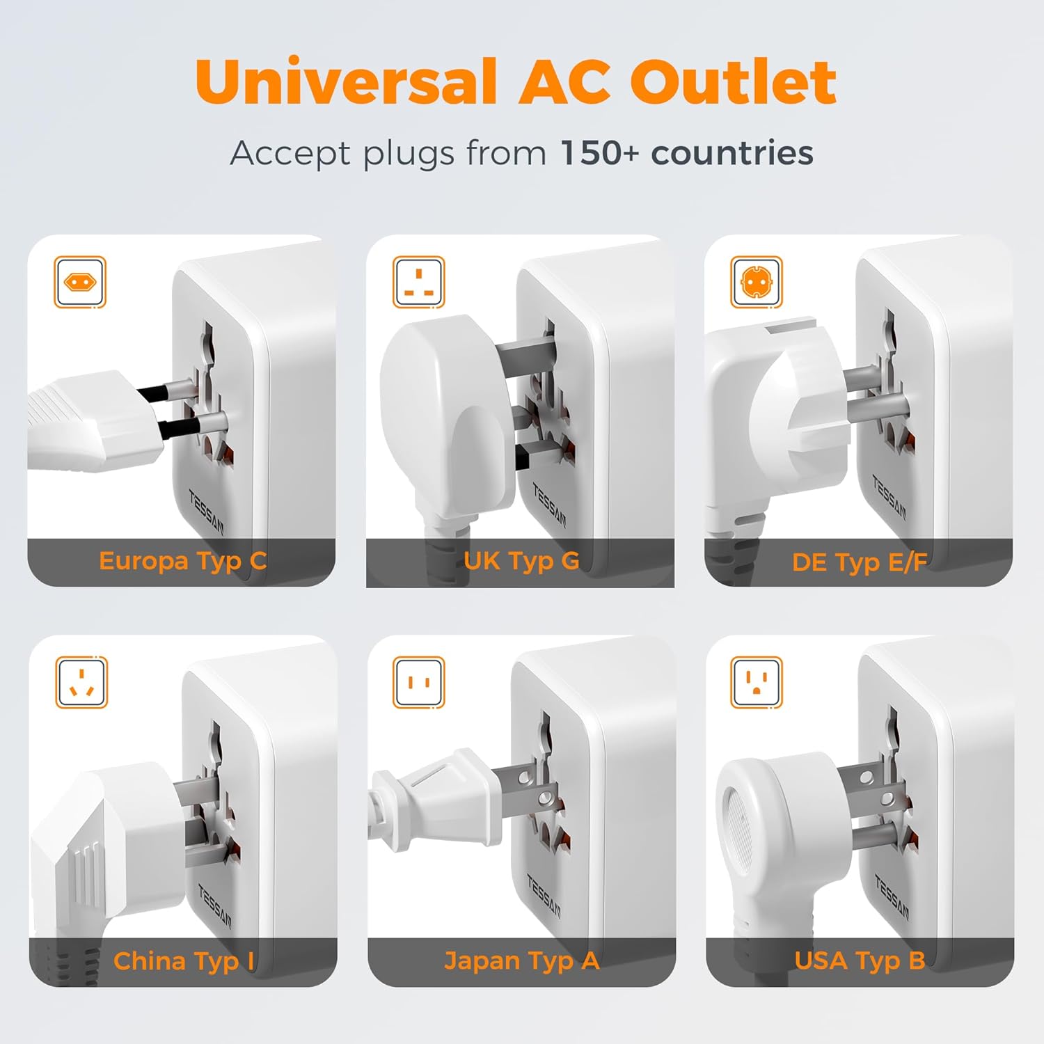 TESSAN Universal Travel Adapter, Travel Plug Adapter Worldwide with 1 Universal AC Outlet 4 USB Ports (2 USB C), International Plug Adaptor for UK to Europe USA Australia (Type C G A I) Grey White - Image 5