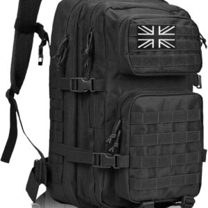 Geebymol 45L Military Tactical Backpacks Large Molle Army Assault Pack 3 Day Bug Out Bag Laptop Bag for Hiking Treeking Black Hunting Rucksack with 4 Flag Patches