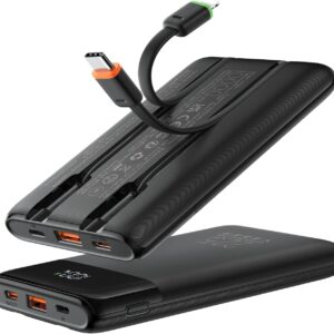 VEGER Power Bank with Built-in Cables 10000mAh,Slim Portable Charger USB C Battery Pack Phone Charger,Travel Essentials Fast Charging Compatible with iPhone,iPad,Android Phone,Heated Vest and More