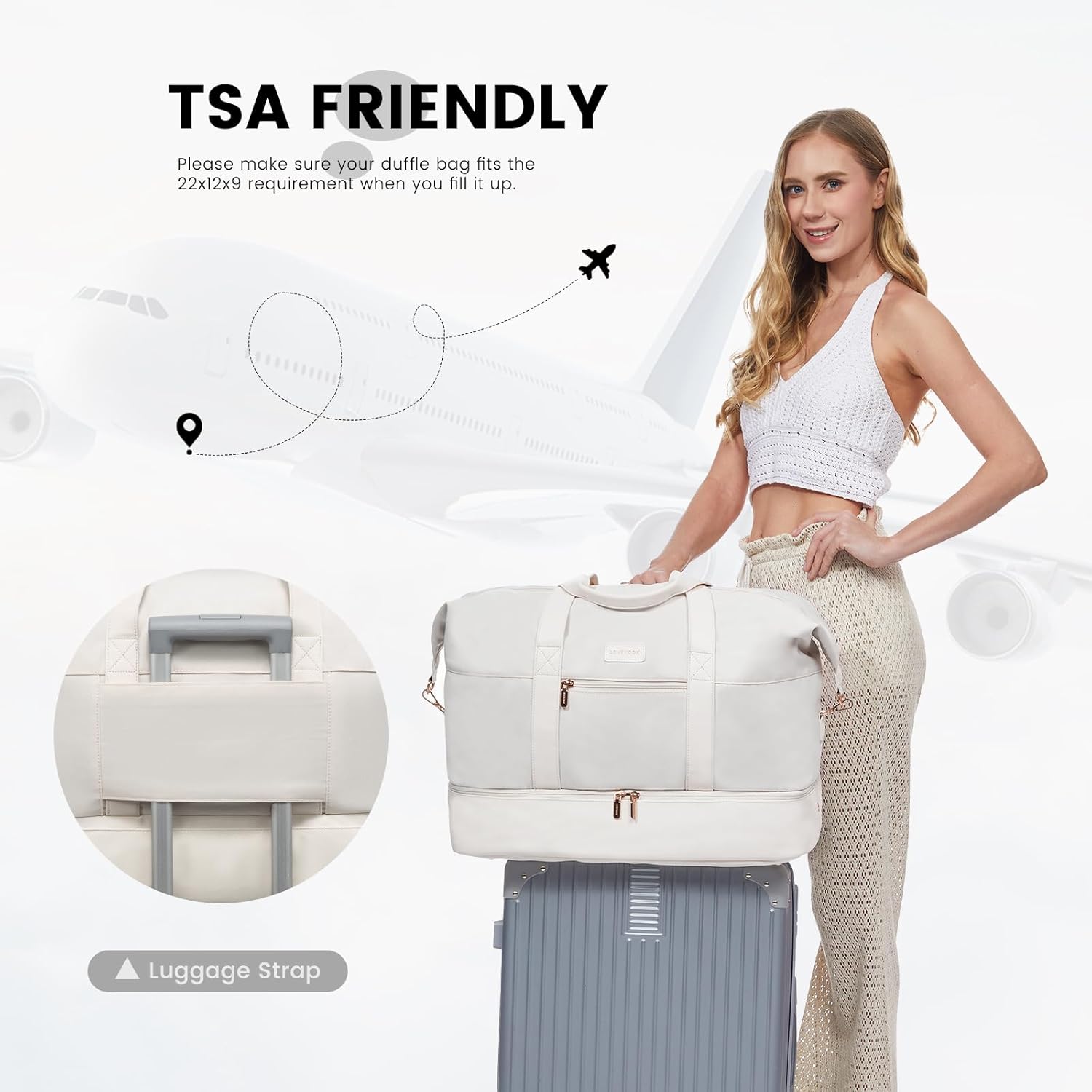 LOVEVOOK Travel Bags for Women, Waterproof Overnight Weekend Duffle Gym Hospital Holdall Bag with Shoes Compartment & Trolley Sleeve, Cabin Carry On Flight Bag, Beige - Image 6