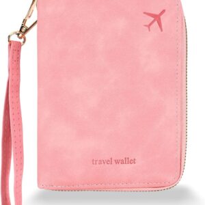 Zidoley Passport Holder Travel Wallet RFID Blocking, PU Leather Travel Document Organiser with Zipped Closure & Wrist Strap, Document Organiser, Holiday Travel Essentials for Men & Women (Pink)