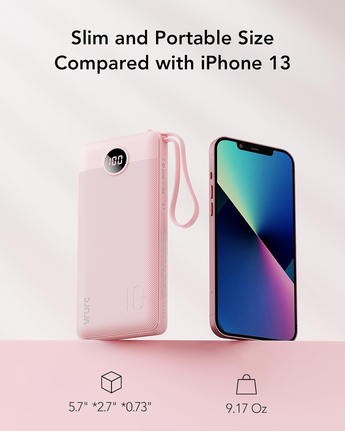 VRURC 10000mAh Power Bank With Built in Cables,USB C Battery Pack Portable Charger with 5 Outputs 2 Inputs Powerbank LED Display compatible with iPhone 17 16 15 14, Samsung,Android-Pink - Image 8