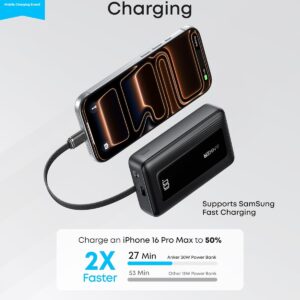 Anker Zolo Power Bank, 10,000mAh 30W High-Speed Portable Charger with Built-In USB-C Cable, Fast Charging Battery Pack for iPhone 17/17 Air/17 Pro/17 Pro Max/16/15 Series, Galaxy, iPad, and More
