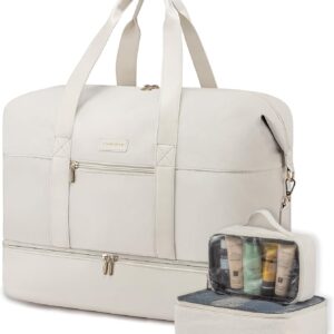 LOVEVOOK Travel Bags for Women, Waterproof Overnight Weekend Duffle Gym Hospital Holdall Bag with Shoes Compartment & Trolley Sleeve, Cabin Carry On Flight Bag, Beige