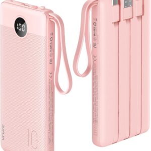 VRURC 10000mAh Power Bank With Built in Cables,USB C Battery Pack Portable Charger with 5 Outputs 2 Inputs Powerbank LED Display compatible with iPhone 17 16 15 14, Samsung,Android-Pink