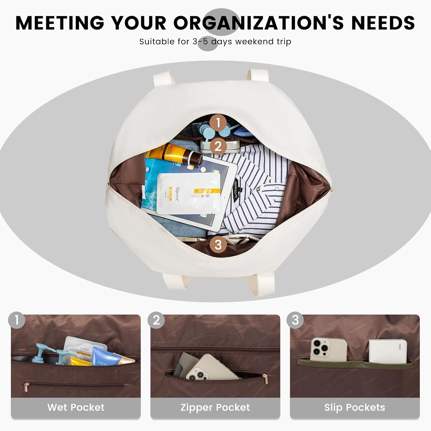 LOVEVOOK Travel Bags for Women, Waterproof Overnight Weekend Duffle Gym Hospital Holdall Bag with Shoes Compartment & Trolley Sleeve, Cabin Carry On Flight Bag, Beige - Image 3