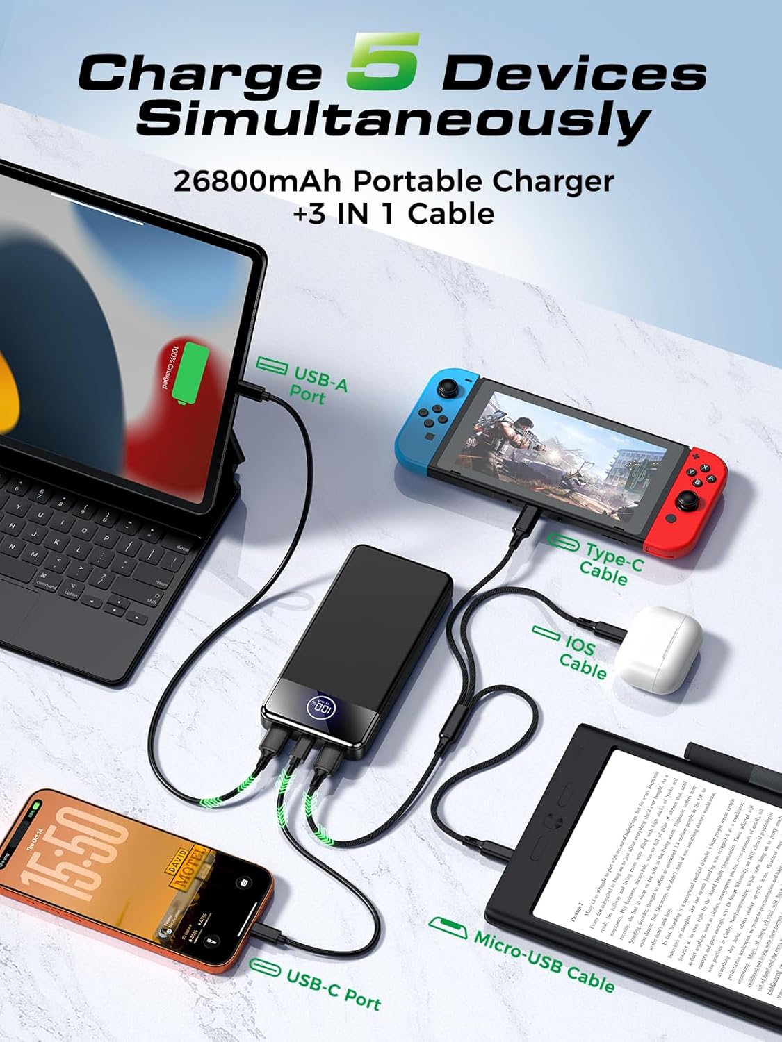 Power Bank Fast Charging 26800mAh,Portable Charger 22.5W Phone Battery Pack Attached USB-C/iOS/Micro-USB Cable, Powerbank for iPhone 17 16 15 14 13 Samsung, for Travel Camping Essentials - Image 3