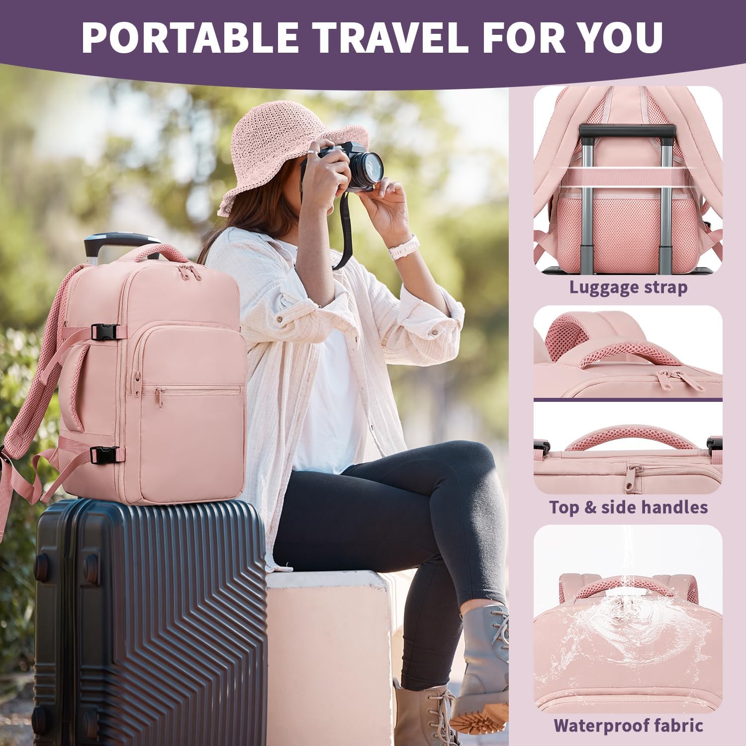 ETRONIK for New Ryanair 40x30x20 Cabin Bag Underseat, Travel Backpack Womens with TSA Approved, Hand Luggage Carry on Bag with 15 inch Laptop, Rucksack for Travelling Flight Work Overnight, Pink - Image 5