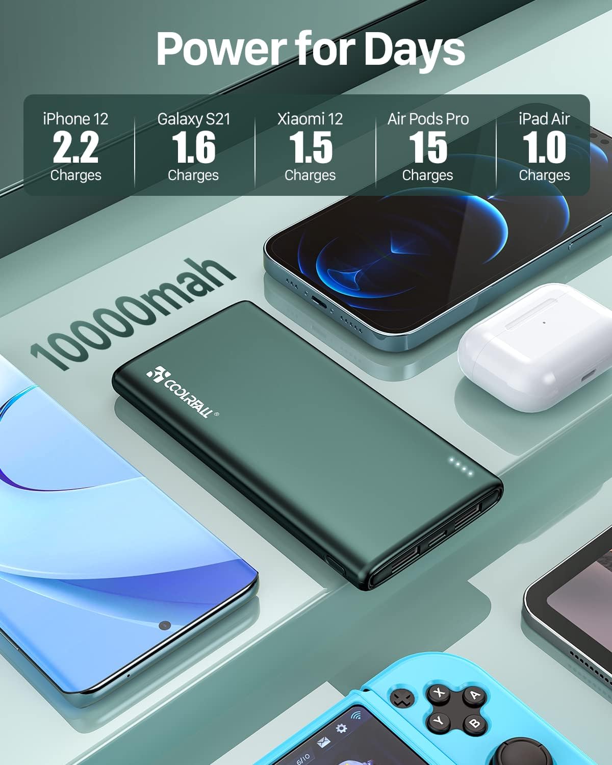 Coolreall Power Bank 10000 mAh, Slim & Light Portable Charger, Battery Pack Fast Charging with USB-C (In & Out), 2 USB Ports Output & Micro USB Input, Powerbank Compatible with iPhone, Samsung, iPad - Image 5