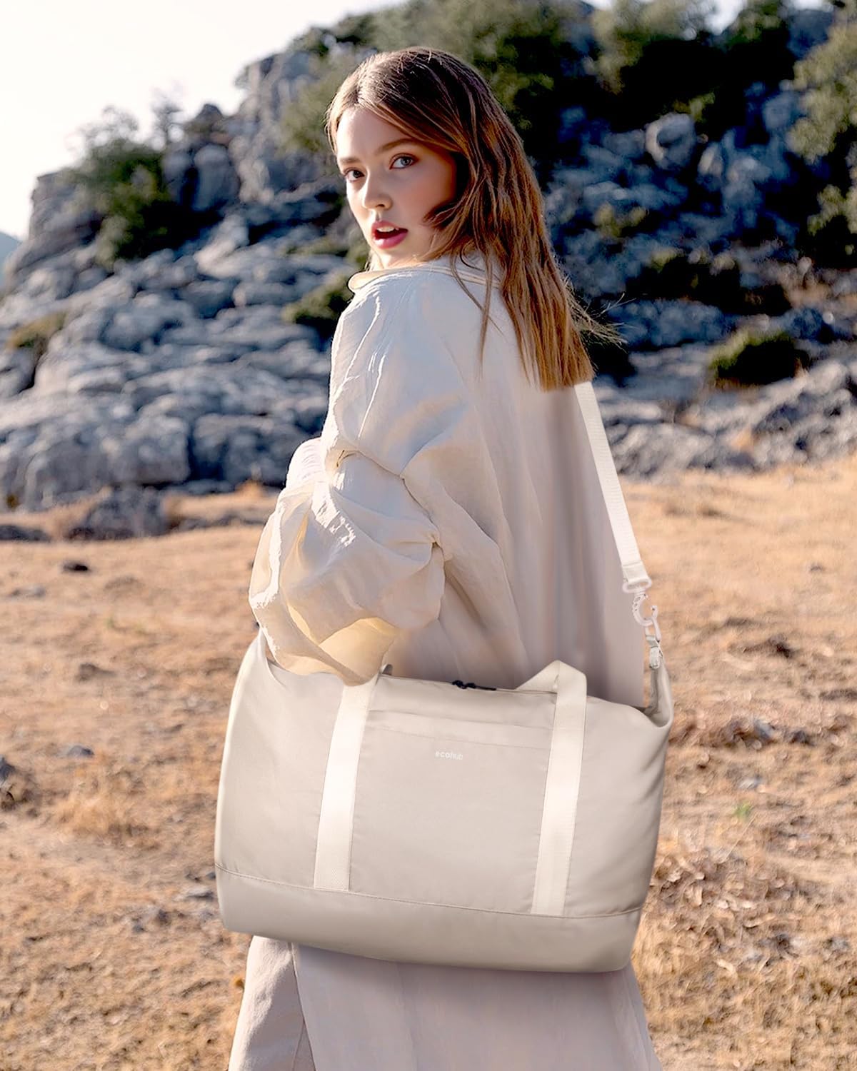 ECOHUB Ryanair Cabin Bags 40x30x20, 24L Underseat Hand Luggage Bag, Foldable Carry On Bag with Removable Wet Pocket, Water-Resistant Overnight Hospital Weekend Bag for Women, Beige (Patent Pending) - Image 8