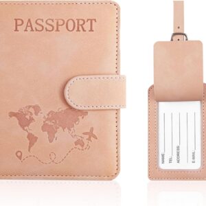 Vfrdsa Passport Cover and Suitcase Tag Set – Pink PU Leather Passport Holder, Privacy-Protective Air Travel Organiser (Organises Passports, Boarding Passes & Cards for UK Travelers)