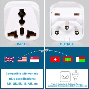 3-Pack UK to Switzerland Plug Adapters, Switzerland Swiss Plug Adaptor, Swiss Travel Adapter 3 Pin Grounded International Universal for Swiss, Jordan, Liechtenstein, Madagascar, Rwanda (Type J-White)