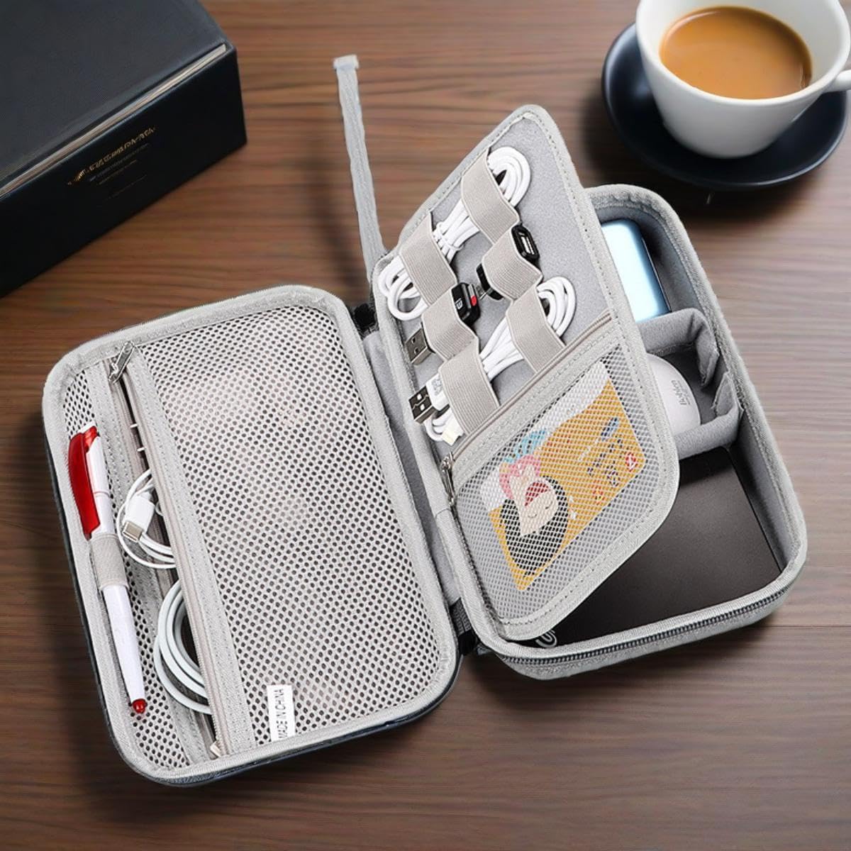 Hard Electronics Travel Organizer Case for MacBook Chargers & Storage Flash Hard Drives - Waterproof Shockproof 2-Layer Design Holds Power Bank Mouse and Cables (Black) - Image 3