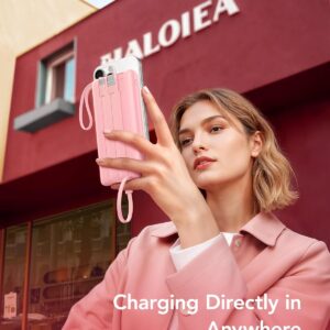 VRURC 10000mAh Power Bank With Built in Cables,USB C Battery Pack Portable Charger with 5 Outputs 2 Inputs Powerbank LED Display compatible with iPhone 17 16 15 14, Samsung,Android-Pink