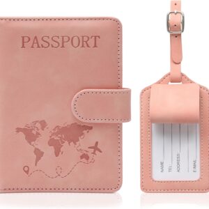 Weniubit Passport Cover and Suitcase Tag Set, Faux Leather Passport Covers with Suitcase Tag, Air Travel, Passport Cover for Passports, Boarding Passes, Credit Cards and Travel Documents (Pink)