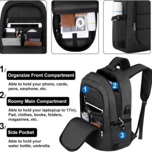 VSNOON Anti-Theft Laptop Backpack, 15.6-17.3 inch Business Laptop Rucksack Bag with USB Charging Port & Lock, Water Resistant Travel Backpack Computer Bag for Women Men, Black
