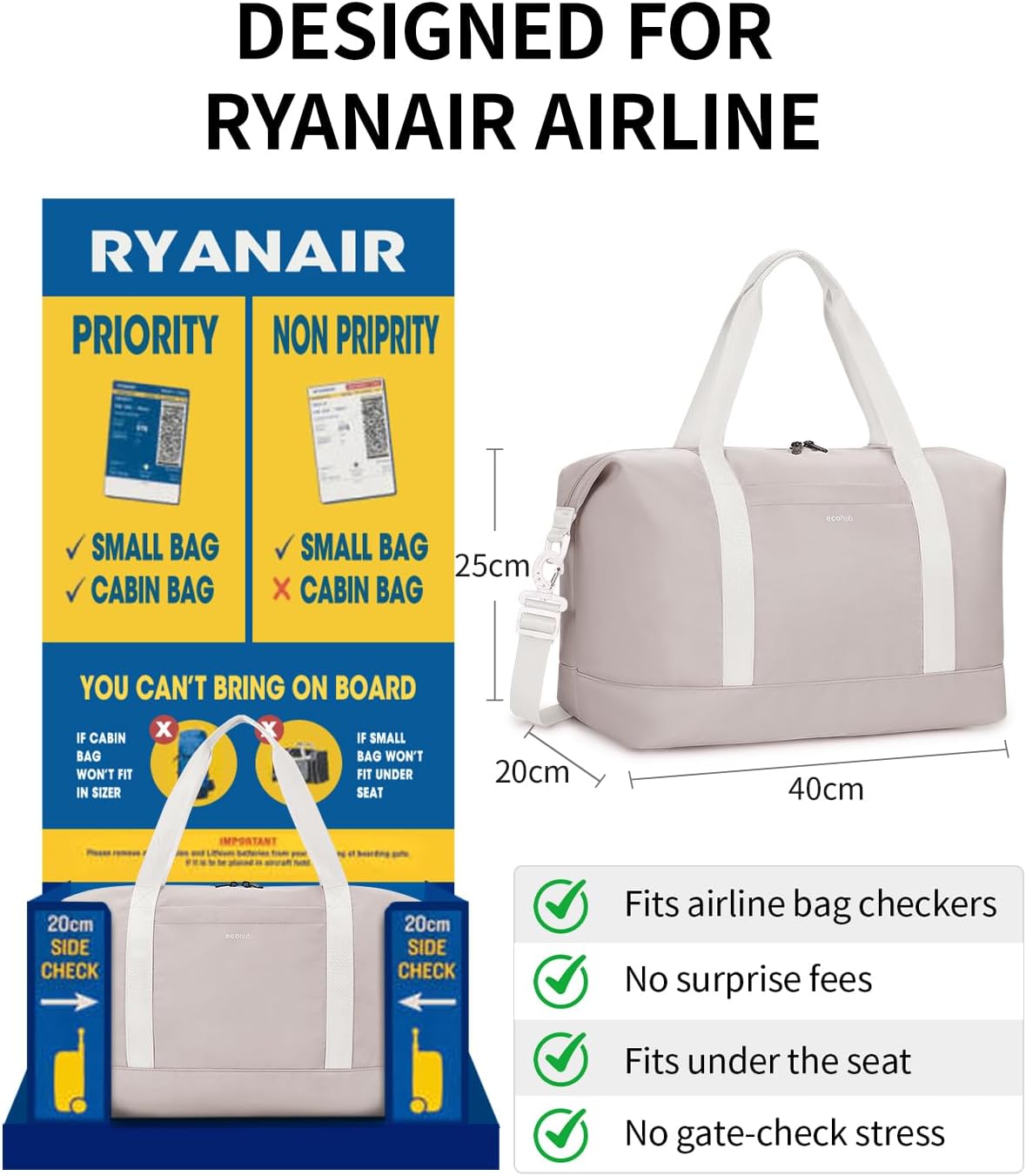 ECOHUB Ryanair Cabin Bags 40x30x20, 24L Underseat Hand Luggage Bag, Foldable Carry On Bag with Removable Wet Pocket, Water-Resistant Overnight Hospital Weekend Bag for Women, Beige (Patent Pending) - Image 2