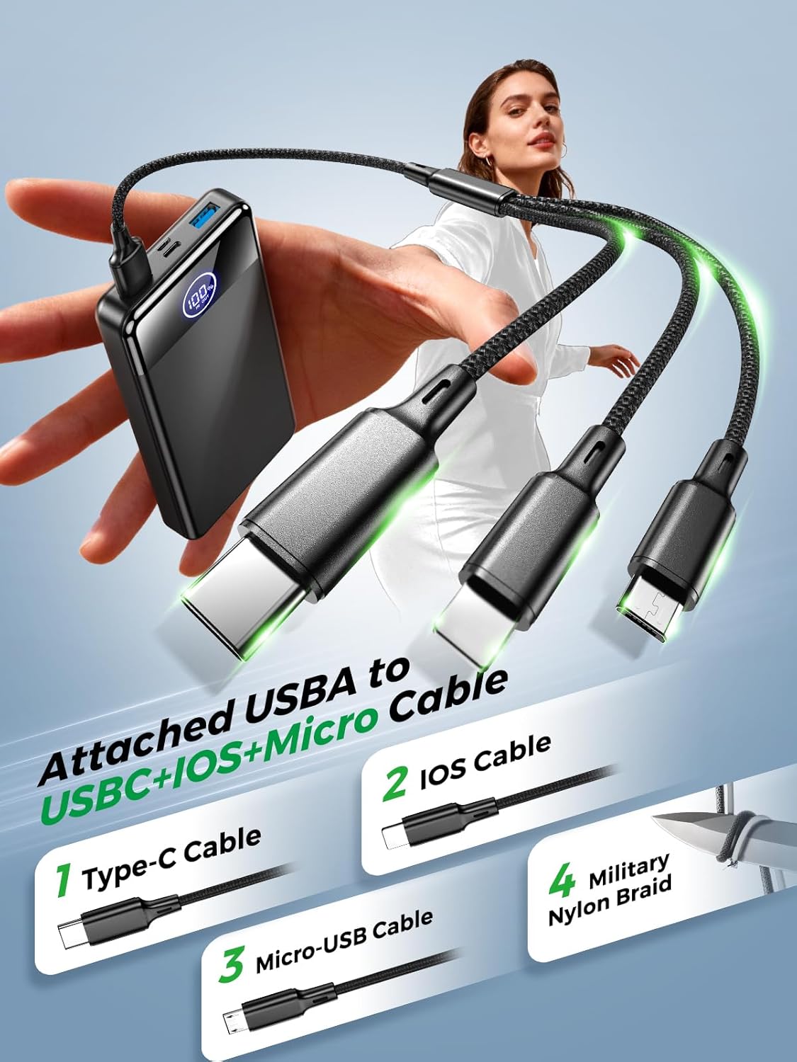 Power Bank Fast Charging 26800mAh,Portable Charger 22.5W Phone Battery Pack Attached USB-C/iOS/Micro-USB Cable, Powerbank for iPhone 17 16 15 14 13 Samsung, for Travel Camping Essentials - Image 2