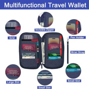Passport Holder Travel Wallet, Large Capacity Travel Document Holder, RFID Blocking Waterproof Portable Travel Wallet Organiser for Cash Passport ID Card Credit Cards Flight Ticket Pen (Navy Blue)