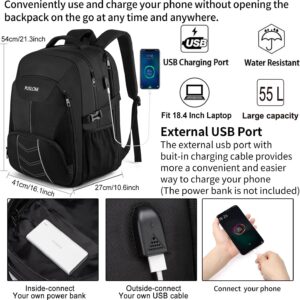 Extra Large Backpack 55L,18.4 Inch Travel Laptop Work Bag with USB Charging Port Big Business Flight Approved TSA Heavy Duty Computer Rucksack for Men Women College School,Black